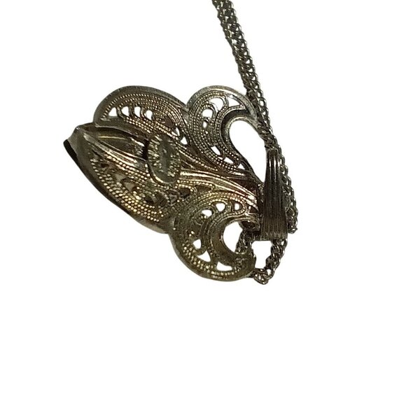 Vintage Silvertone Filigree Necklace Black Marquise Cut Stone Pendant Germany 16 - Picture 6 of 8